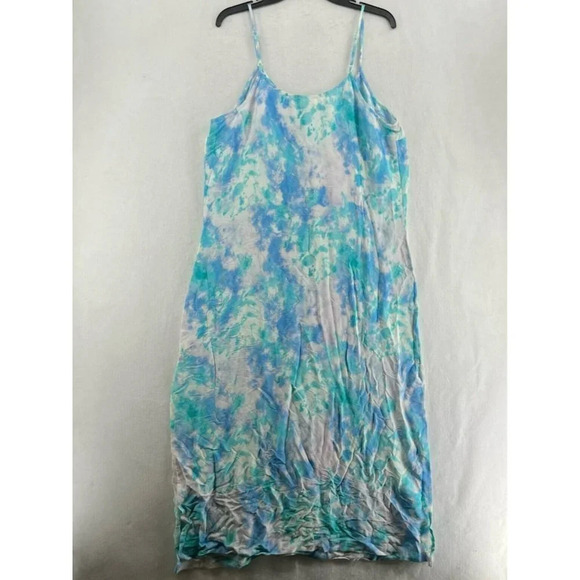 Style & Co Slip Dress Large Blue Citrus Dye Cool Spaghetti Strap V Neck Slit - Picture 2 of 12